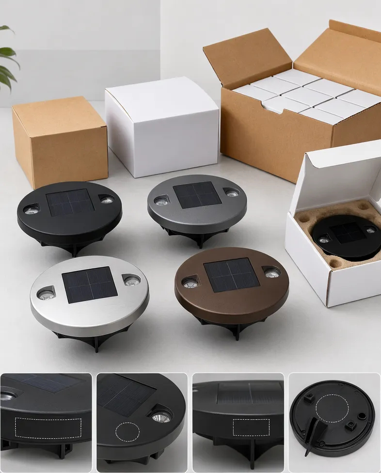 Solar walkway light OEM customization options showing housing colors, branding, and packaging variants