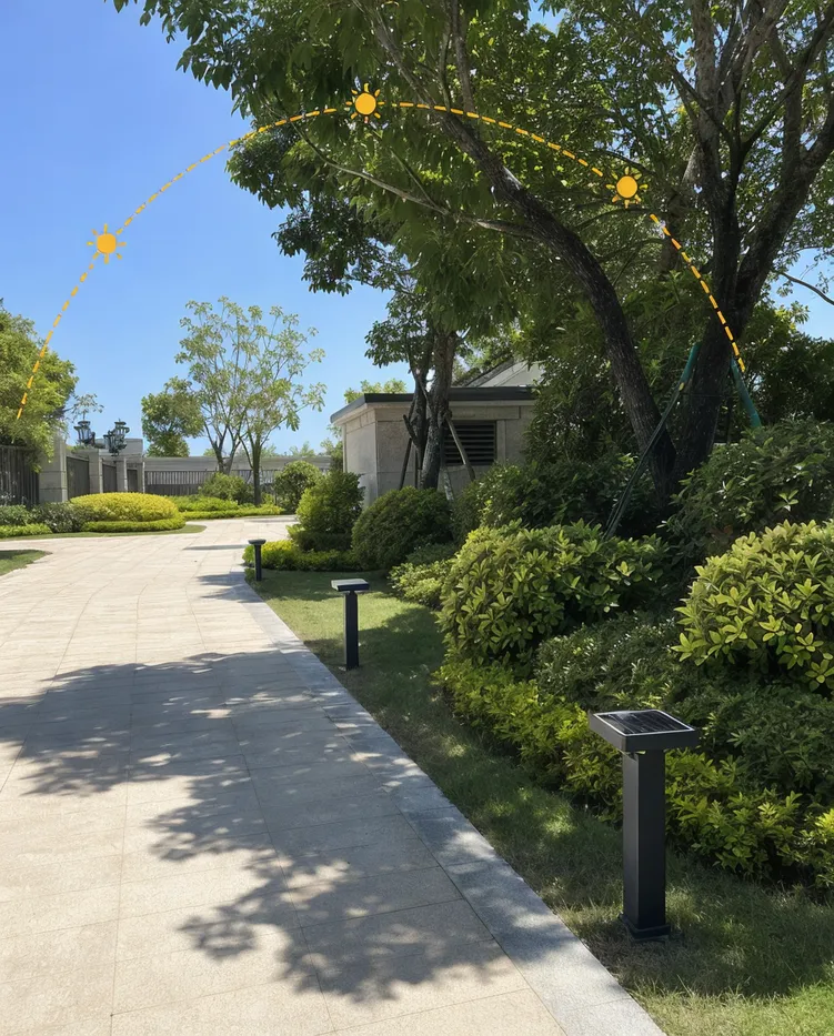 Solar walkway light installation showing partial shade from adjacent tree canopy with sun path indicator