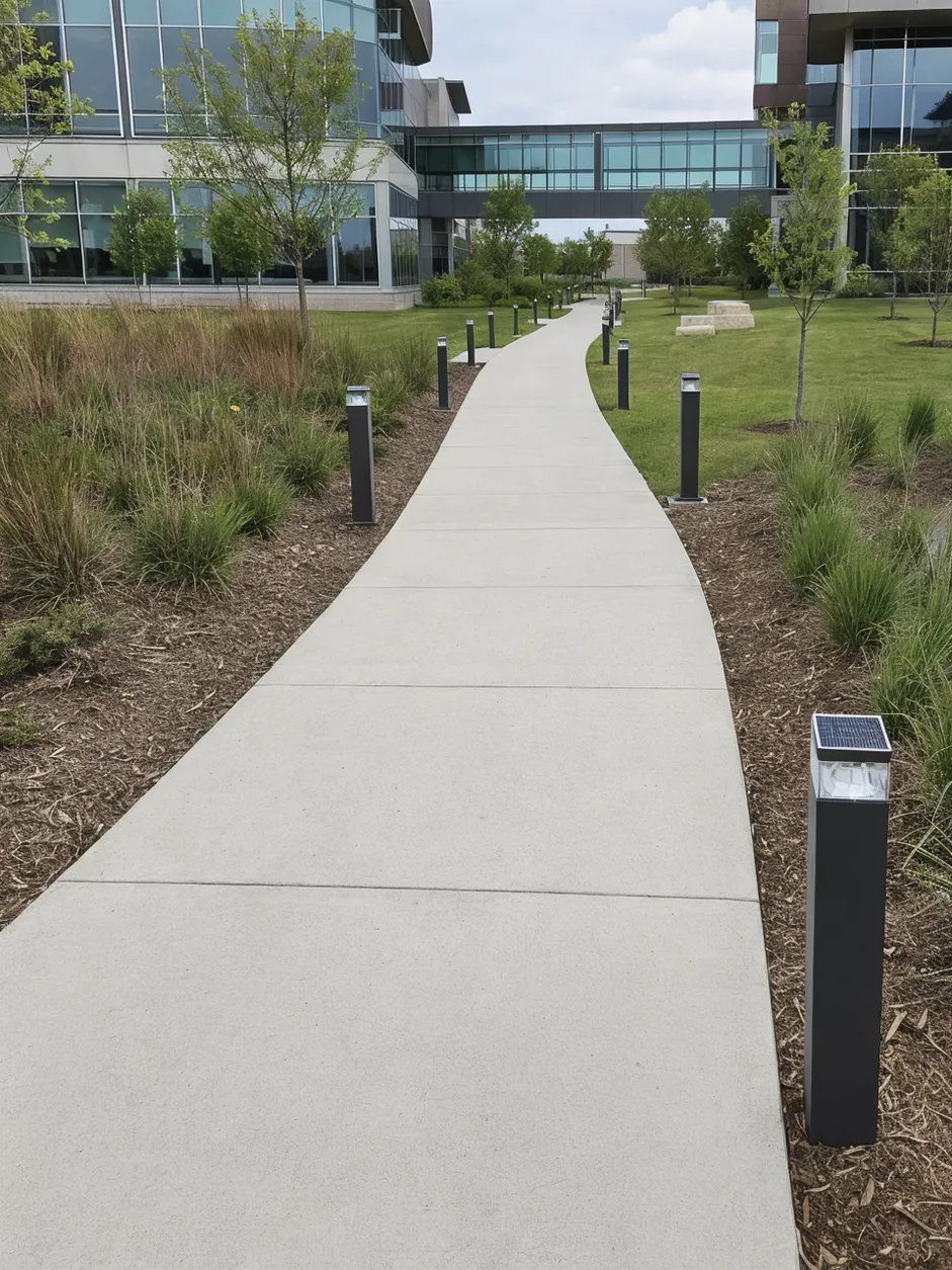 Solar walkway lights installed at consistent spacing along a commercial campus pedestrian path