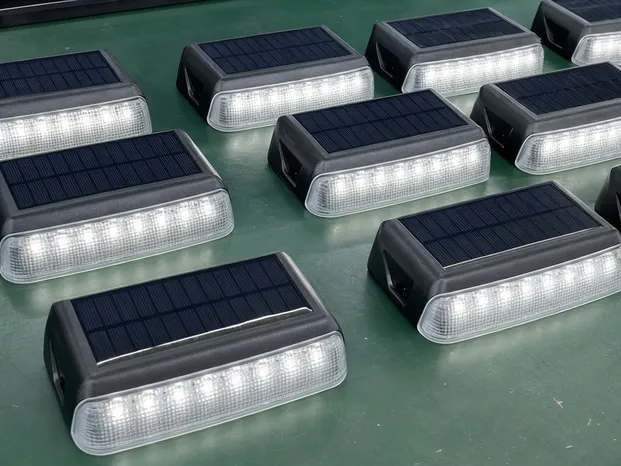Close-up of multiple solar walkway light units showing consistent finish and LED output