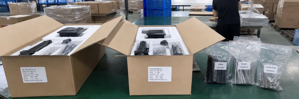 Walkway light carton packing with foam inserts, labeled accessory bags, and batch code labels visible on outer carton