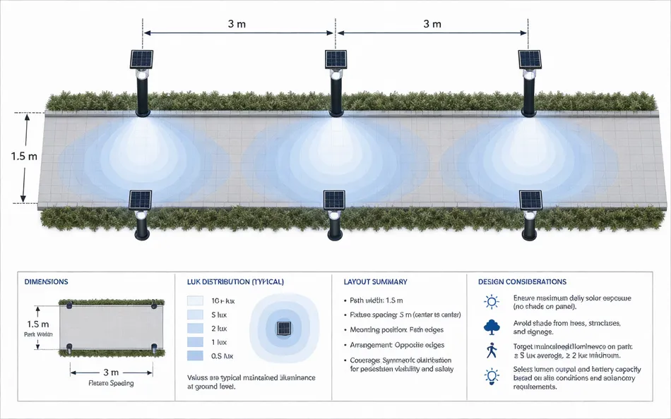 Diagram showing solar walkway light spacing at 3-meter intervals on a 1.5-meter-wide pedestrian path with lux distribution overlay