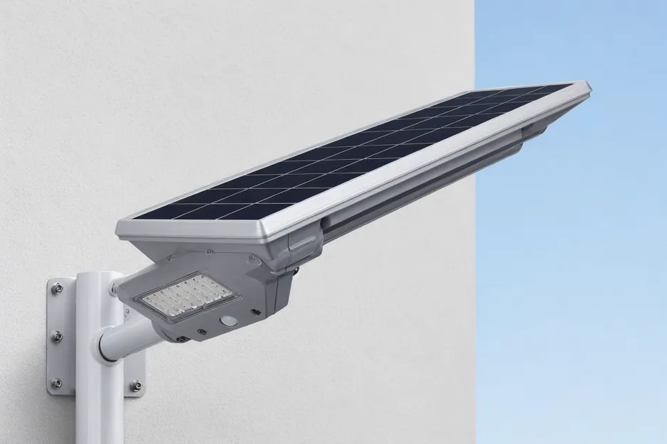 All-in-one solar street light with integrated panel, LED module, battery, and controller in a single housing