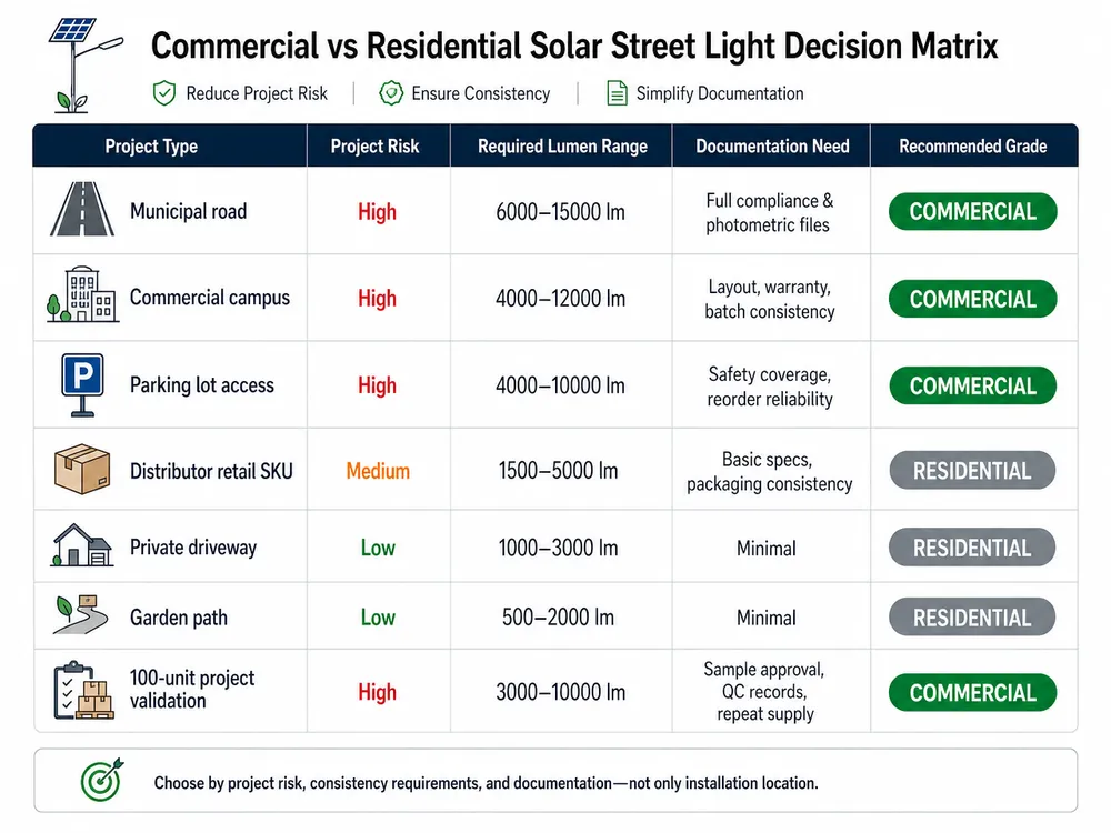 Decision matrix showing when to choose commercial solar street lights or residential solar street lights by project type and risk level