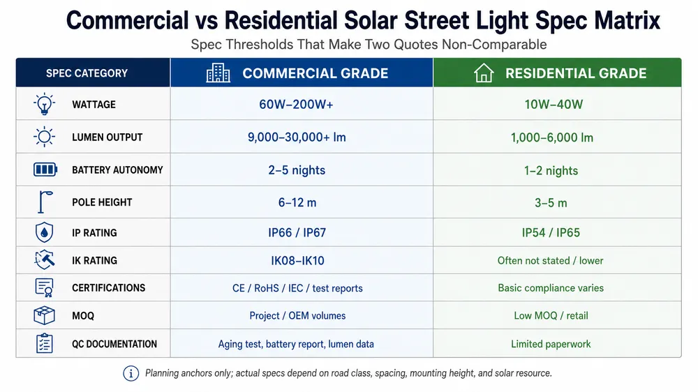 Commercial and residential solar street light specification matrix comparing wattage, lumens, battery autonomy, pole height, and certification checks