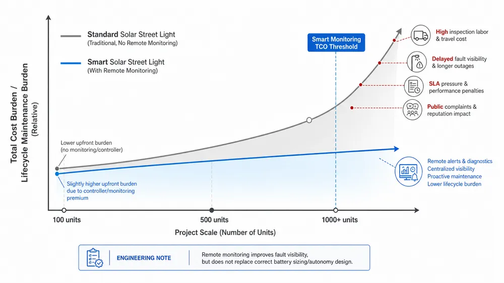 Conceptual TCO chart comparing smart monitoring value against standard solar street light maintenance cost across project scales