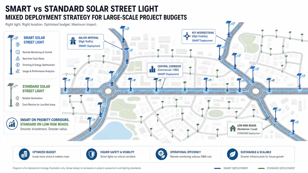 Mixed deployment map showing smart solar street lights on monitored corridors and standard units on low-risk roads