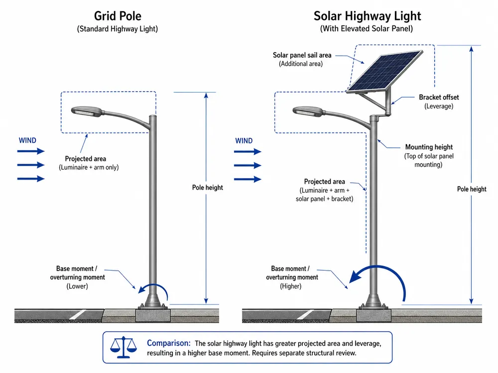 Comparison diagram showing how a solar panel increases wind load on a highway light pole
