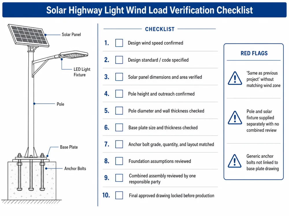 Checklist for verifying solar highway light pole wind load claims before purchase approval