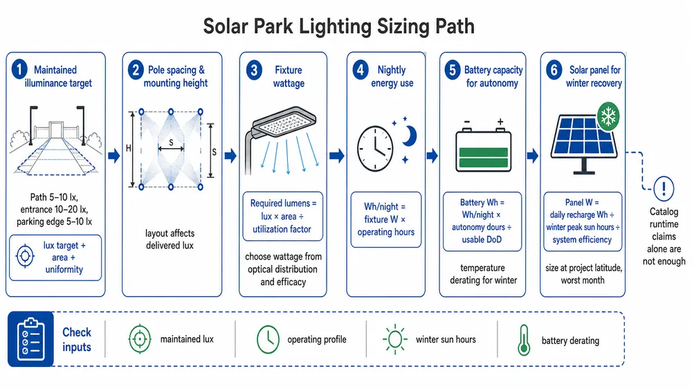Worked sizing path for solar park lighting from maintained lux target to fixture wattage, battery watt-hours, and solar panel watts