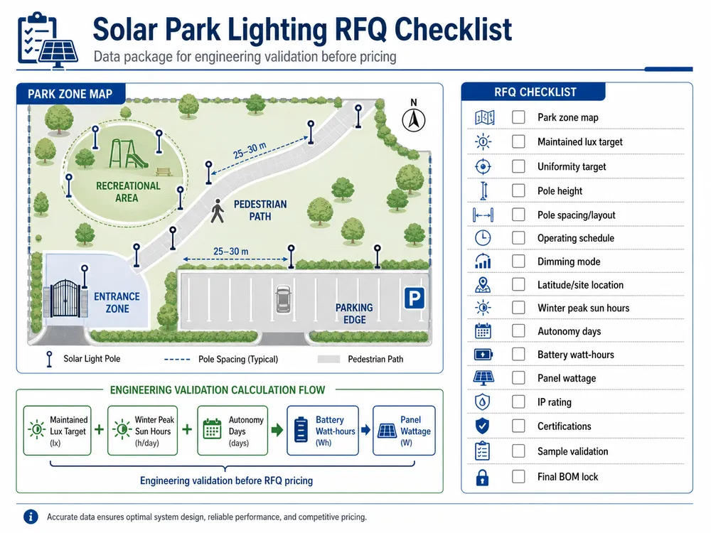 RFQ checklist for solar park lighting design with winter battery sizing and panel recovery inputs