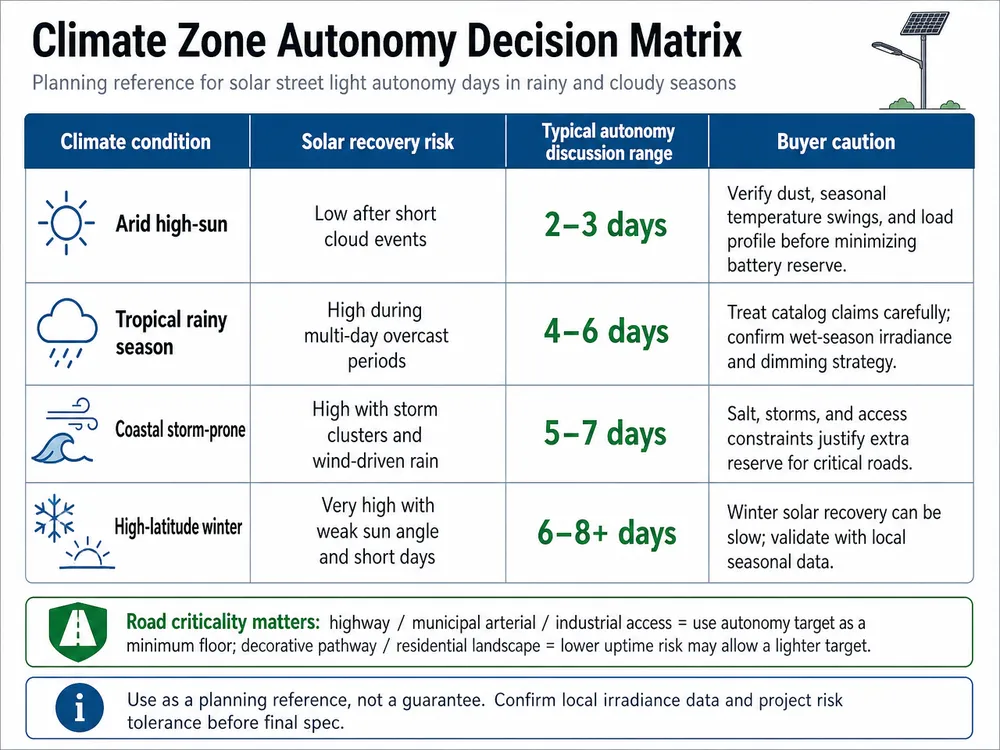 How to Spec Solar Street Light Autonomy Days for Reliable Performance Through Rainy Season