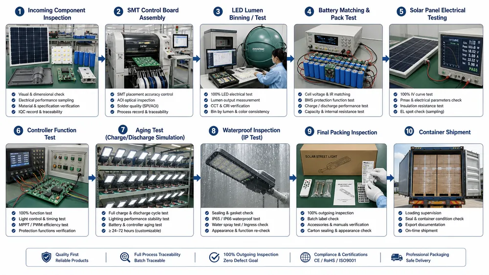 Solar street light manufacturing quality control workflow from component inspection to pre-shipment inspection.