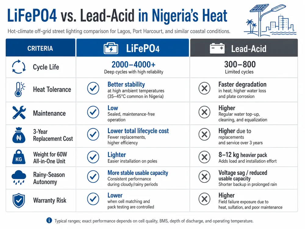 LiFePO4 and lead-acid battery comparison chart for solar street lights in Nigeria's hot climate