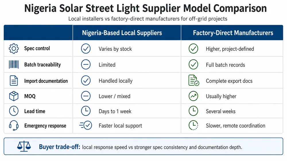 Supplier model comparison matrix for solar street light buyers in Nigeria showing local installers versus factory-direct manufacturers