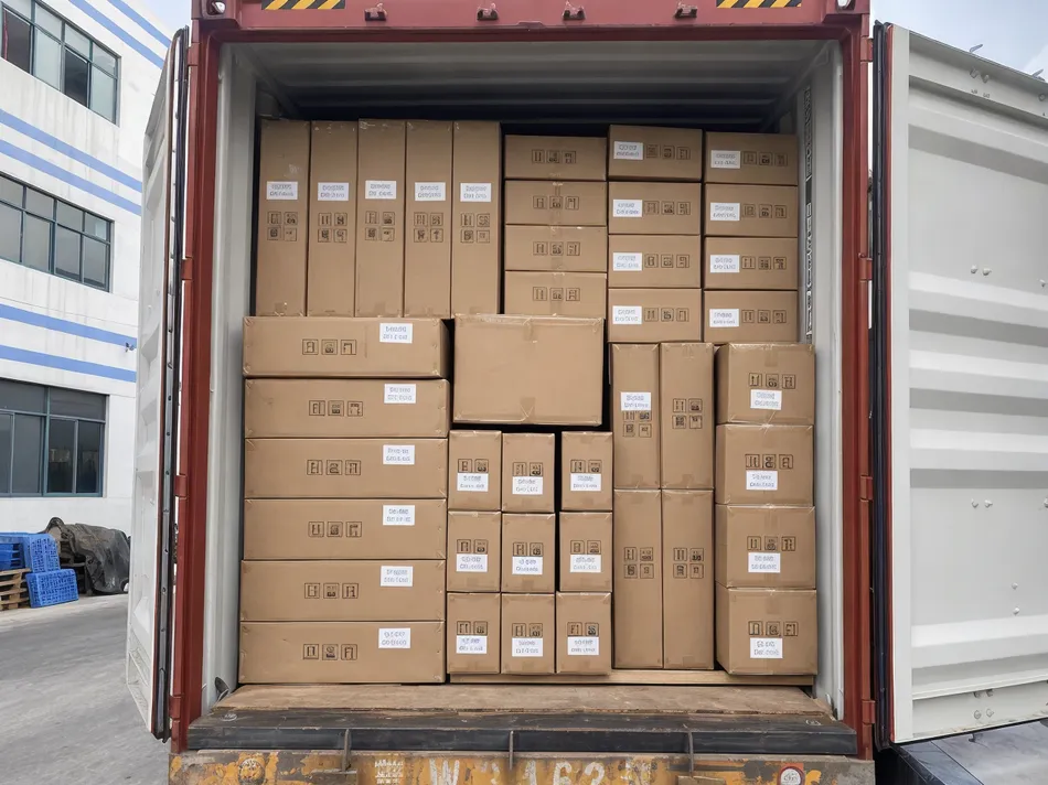 JXSOL solar street light export cartons loaded in a 40HQ container with labeled batch codes