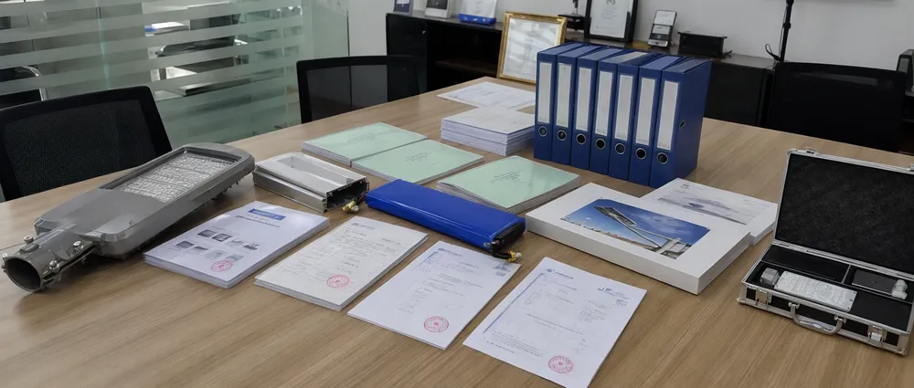 JXSOL solar street light certifications including CE, RoHS, IP67, IEC 62124, and ISO 9001 documentation