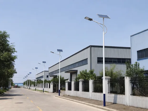 Commercial solar street lights deployed across an industrial zone road with consistent batch quality