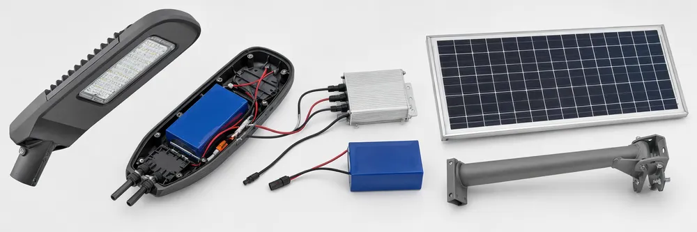 Commercial solar street light specifications overview showing LED module, LiFePO4 battery, and MPPT controller components