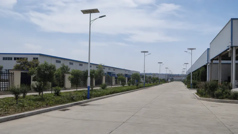 Commercial solar street lights installed along internal roads of an industrial park with warehouse buildings