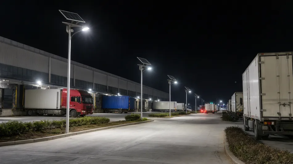Solar street lights illuminating a logistics yard with loading docks and freight vehicles at night