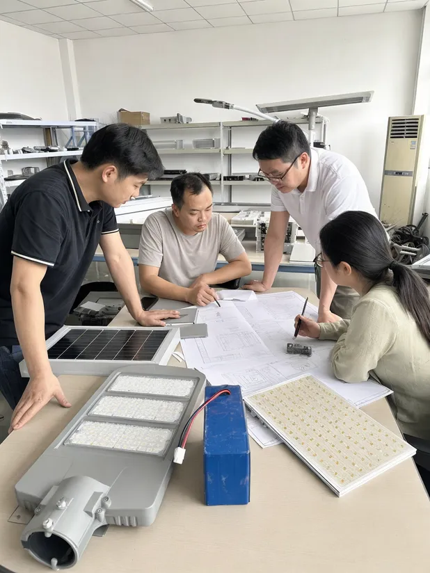 JXSOL in-house engineering team reviewing custom commercial solar street light specifications