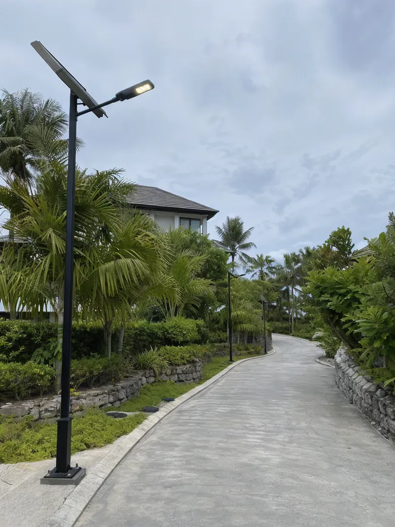 Warm-tone solar street lights along a private resort road with low pole height installation