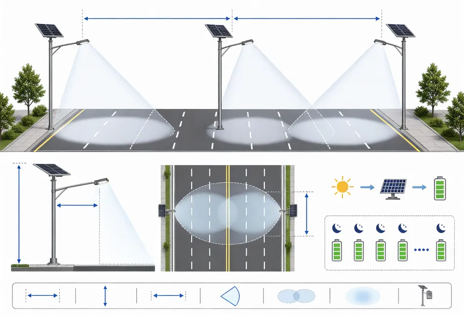 Diagram showing road width, pole height, and beam spread relationship for commercial solar street light sizing