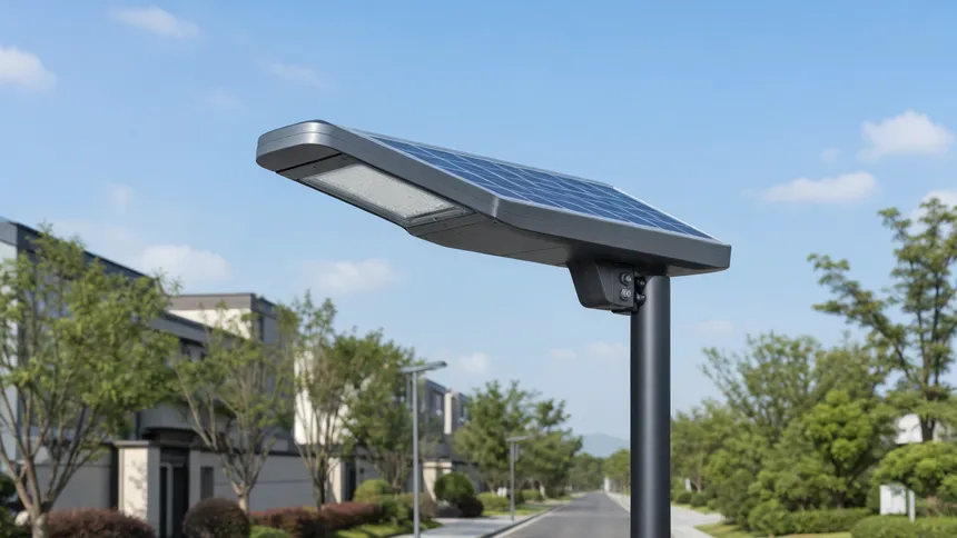 All-in-one solar street light with integrated panel, battery, LED module, and controller in a single housing