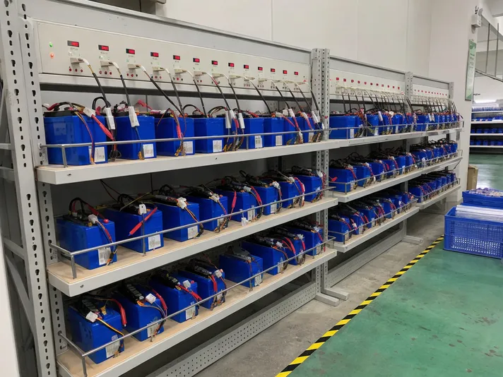 Battery aging test racks running full charge/discharge cycles on solar street light battery packs