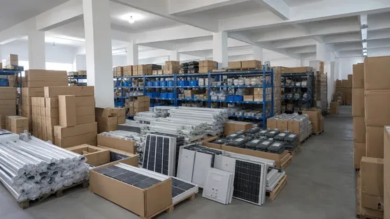 Solar street lighting distributor warehouse with mixed SKU inventory