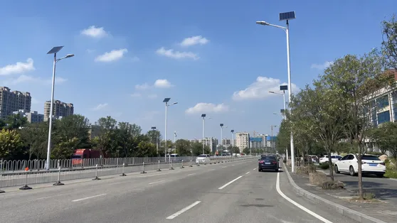 Municipal solar street lighting installation along urban road