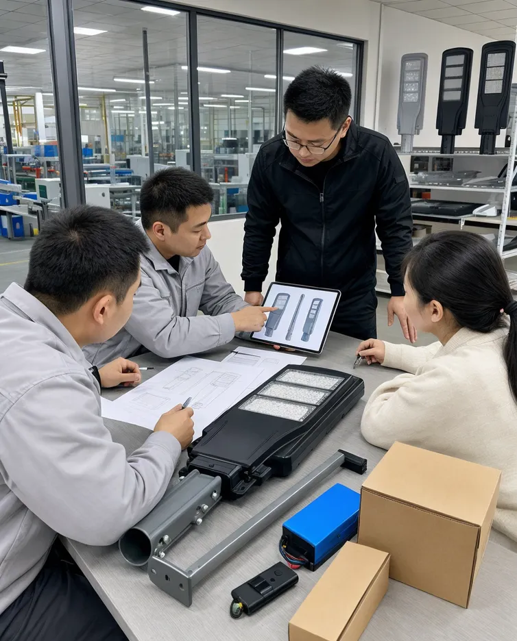 JXSOL engineering team reviewing OEM solar street light specifications