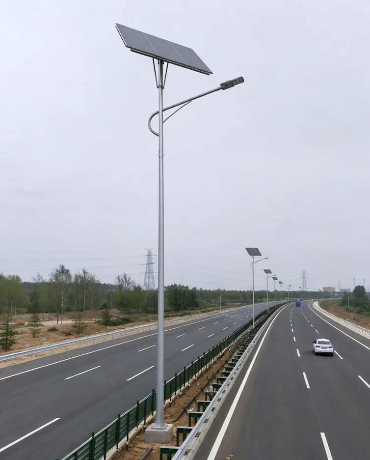 Solar highway light installed on 12m+ pole with wide beam distribution for highway illumination