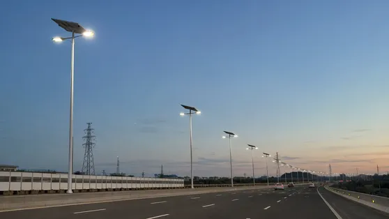 Solar highway lights along expressway at dusk