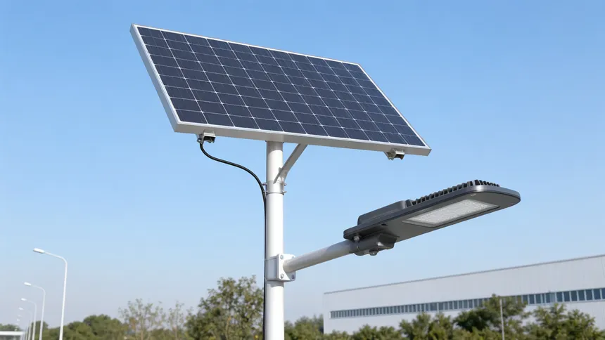 Split solar street light with separate panel mounted above the fixture for higher output capacity