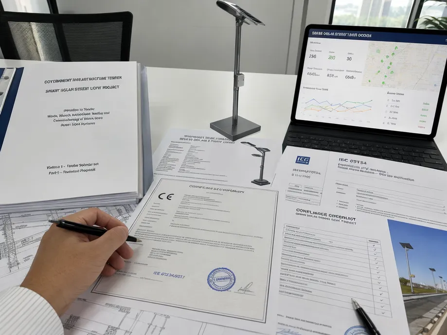 Government infrastructure tender documentation for smart solar street light projects with CE and IEC 62124 certification requirements
