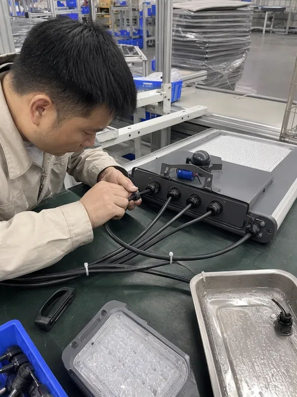 IP67 waterproof inspection of smart solar street light fixture with cable entry point verification