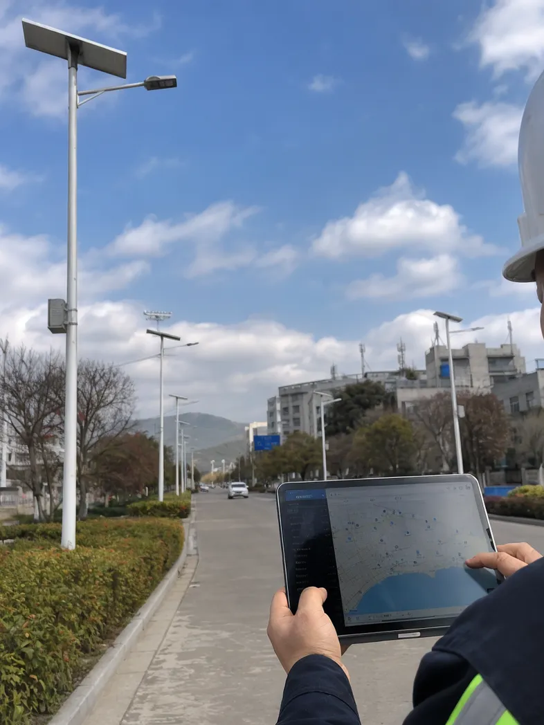Municipal smart solar street lighting installation with centralized monitoring dashboard managing city-wide fixture network