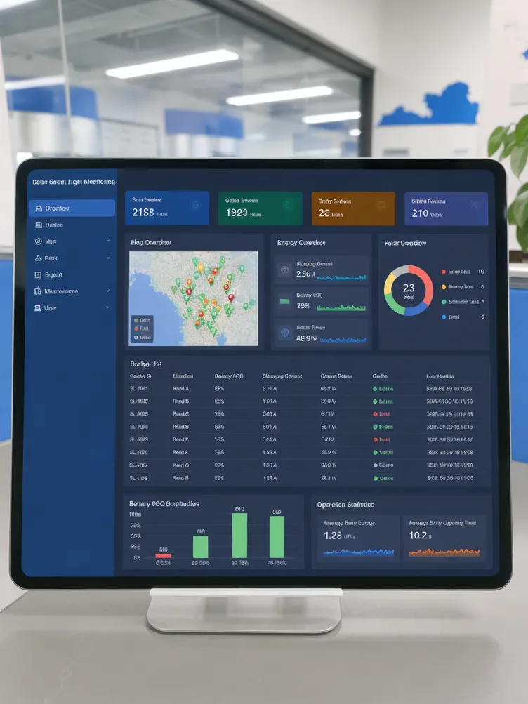 Remote monitoring dashboard showing solar street light fleet status with fault alerts and battery state of charge indicators