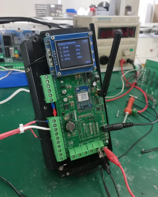 Close-up of smart solar street light controller board with communication module and dimming schedule interface