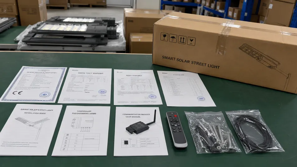 Export documentation including CE Declaration ofConformity, RoHS test reports, and IP certificates for smart solar street light shipments