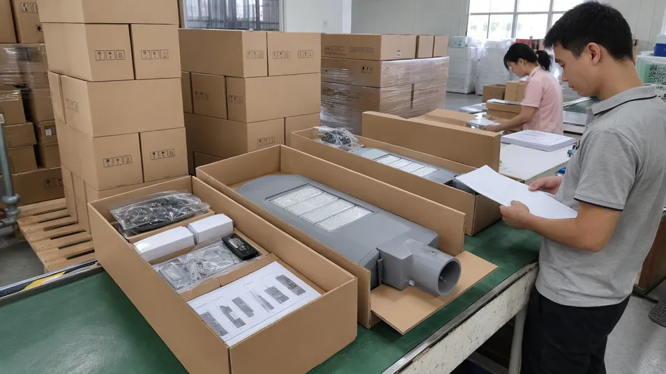 Smart solar street light fixtures packed in individual export cartons with accessory packs for container shipping