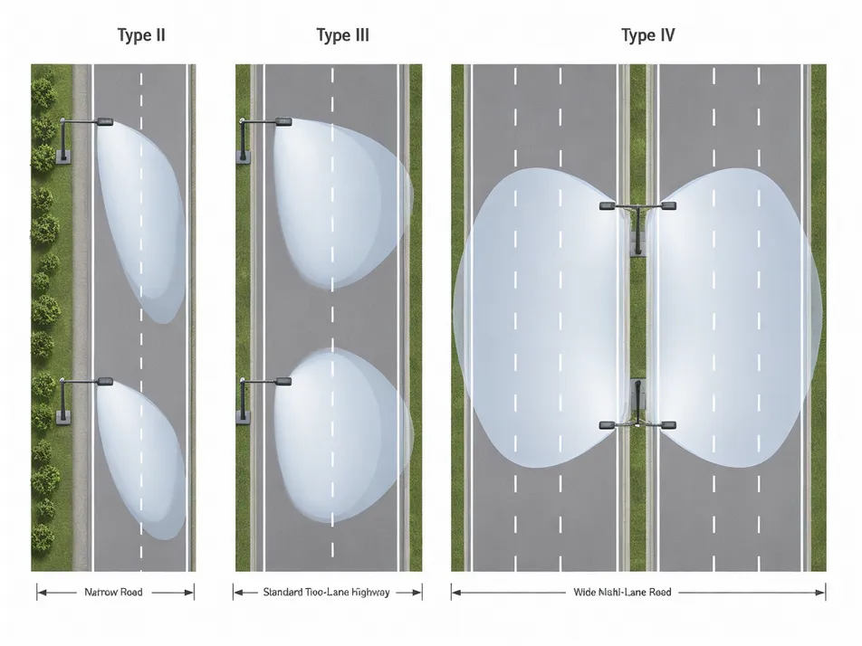 Diagram showing Type II, Type III, and Type IV beam distribution patterns across different road widths