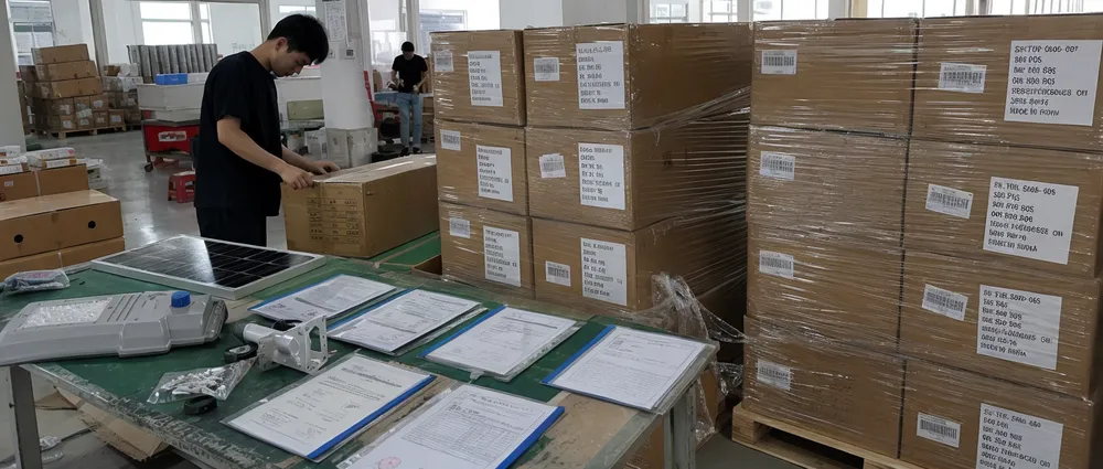 JXSOL solar highway light compliance documentation, batch-coded cartons, and palletized export packing for infrastructure orders