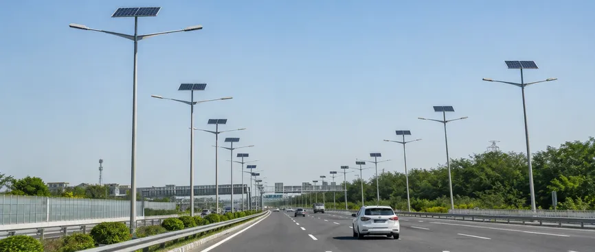 Solar highway lights installed along a multi-lane expressway corridor