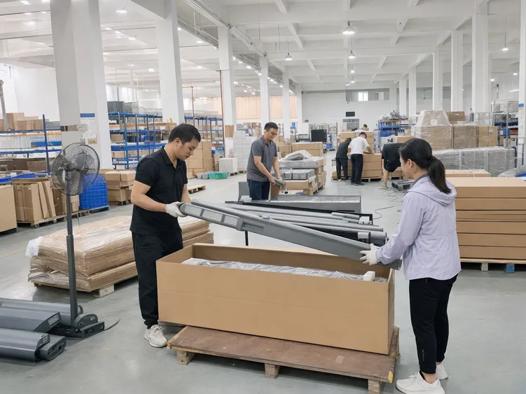 JXSOL factory floor preparing solar highway lighting for export shipment