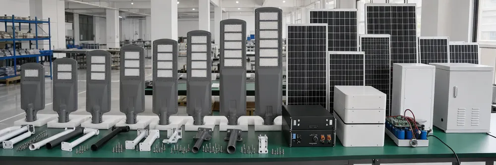JXSOL solar highway light specification range overview showing LED fixtures, solar panels, and LiFePO4 battery systems