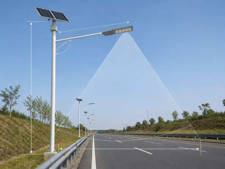 Solar highway light fixture showing pole height, arm length, and tilt angle configuration parameters