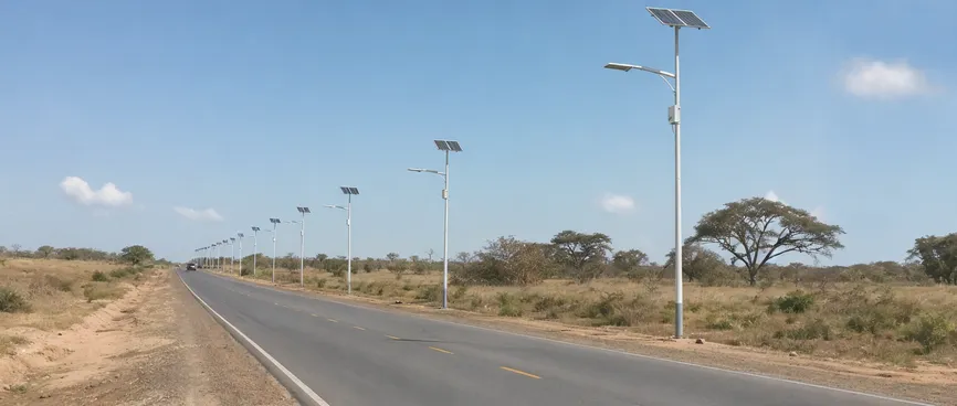 Solar highway lights along a rural off-grid road in Africa